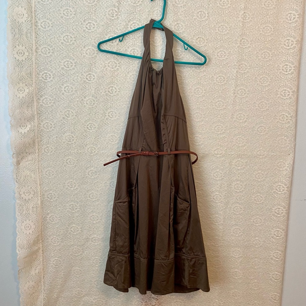 Calvin Klein Green Knee Length Dress Open Back Brown Belt Size 8